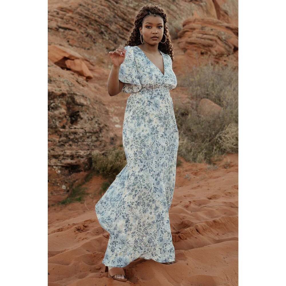 Baltic Born Verona Smocked Maxi Dress | White + Blue Print Size MM